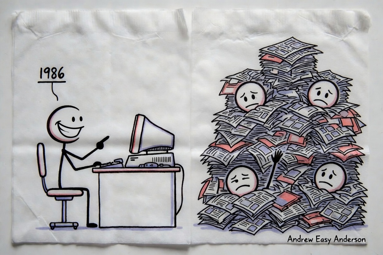 Hand-drawn stick figure illustration split in two. On the left, a happy figure in 1986 sits at a desk using an old computer and phone to get job listings. On the right, a group of stressed figures are buried under chaotic stacks of newspapers and paper files. Small label reads 1986. Andrew Easy Anderson.