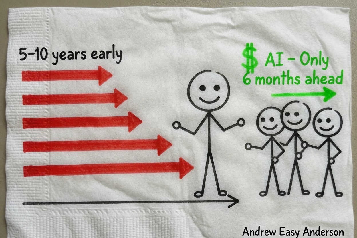Hand-drawn stick figure timeline showing long red arrows labeled 5 to 10 years early for past trends on the left, contrasted with a short green arrow and dollar sign labeled AI Only 6 months ahead on the right. A confident central figure waves a small group forward. Andrew Easy Anderson.
