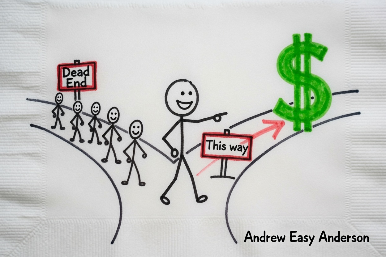 Napkin illustration of a figure choosing the contrarian path toward opportunity.