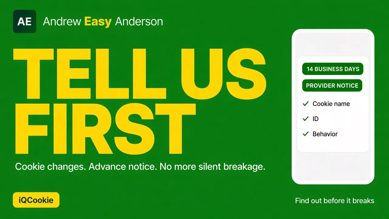 Green and yellow promotional graphic reading Tell Us First, with the line Cookie changes. Advance notice. No more silent breakage, an iQCookie badge, and a phone mockup showing a 14 business days provider notice checklist for cookie name, ID, and behavior changes.