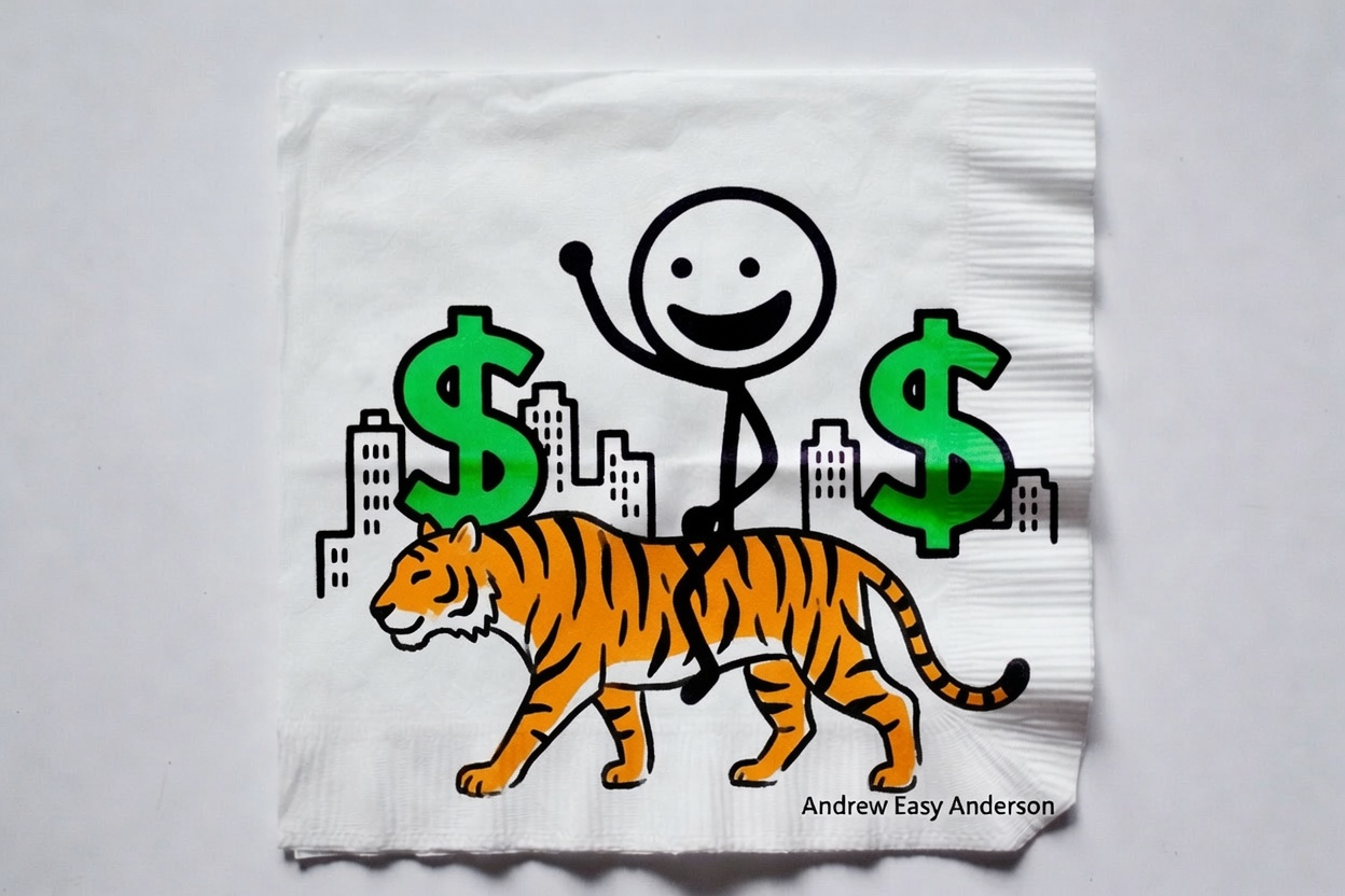 Hand-drawn stick figure illustration of a grinning figure riding a tiger cowboy-style with one arm raised high. The tiger looks calm. In the background is a skyline where buildings are replaced by large green dollar signs. Andrew Easy Anderson.
