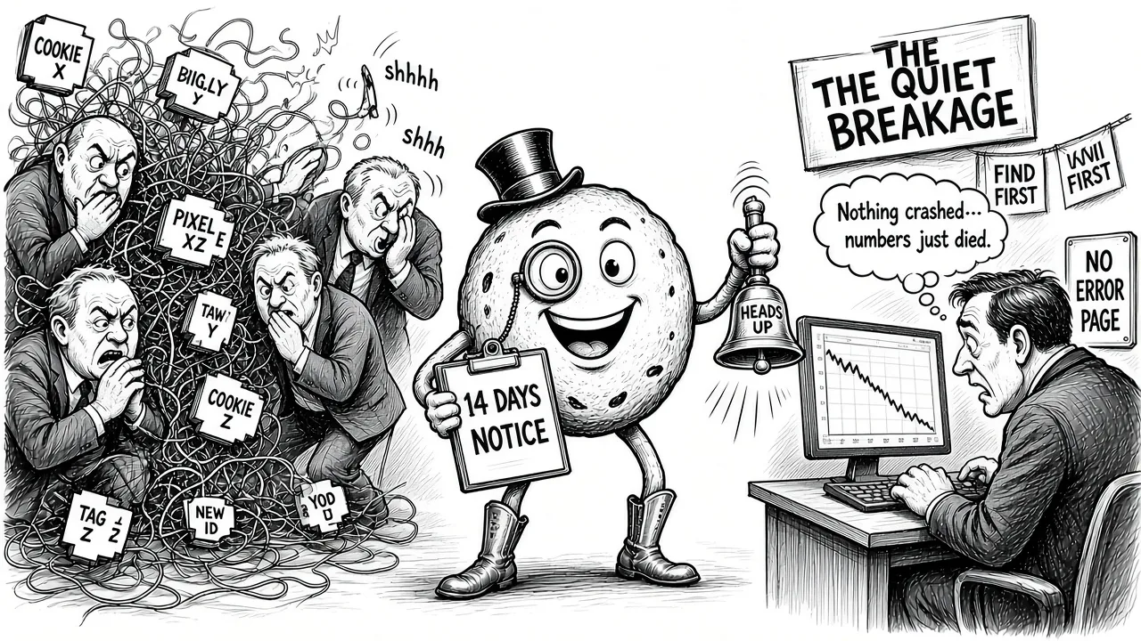 Black-and-white pen-and-ink illustration of a cookie character in a top hat ringing a Heads Up bell and holding a 14 Days Notice clipboard, while suited vendors whisper and rename tangled cookie, pixel, and tag wires, and a marketer watches analytics numbers collapse with no error page.