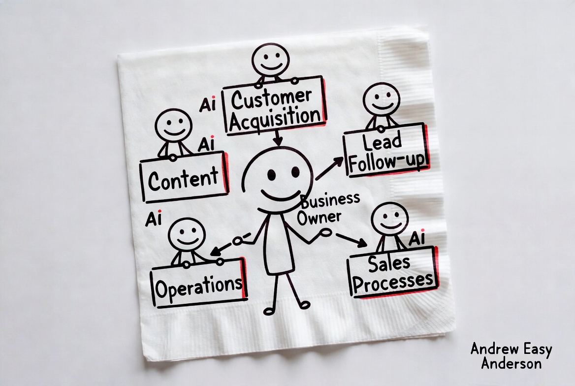 Hand-drawn stick figure illustration of a central business owner connected to five key areas of the business: Customer Acquisition, Lead Follow-up, Content, Operations, and Sales Processes. Small AI markers show it is woven throughout. Andrew Easy Anderson.